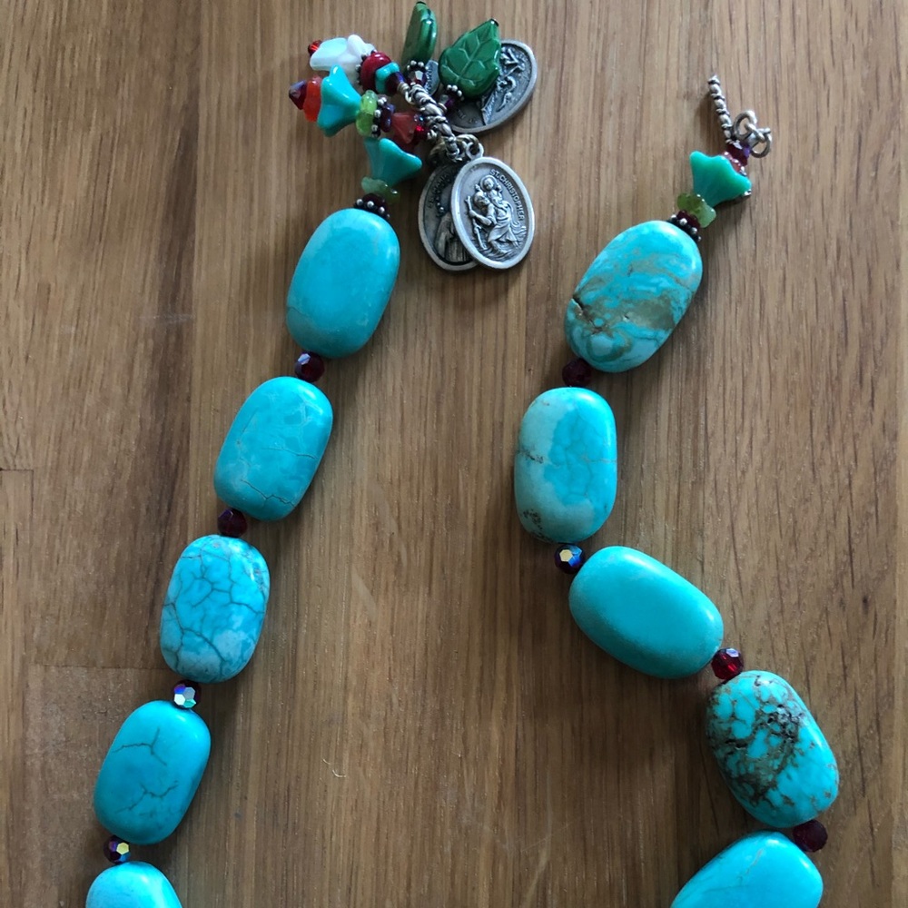 Turquoise (genuine) and red crystal necklace